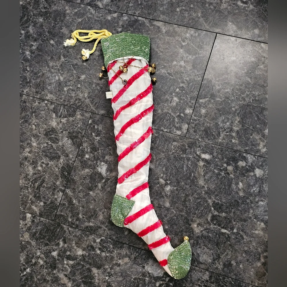 Wayne‎ M Kleski Beaded Large Christmas Jester Elf Bell Stocking 25